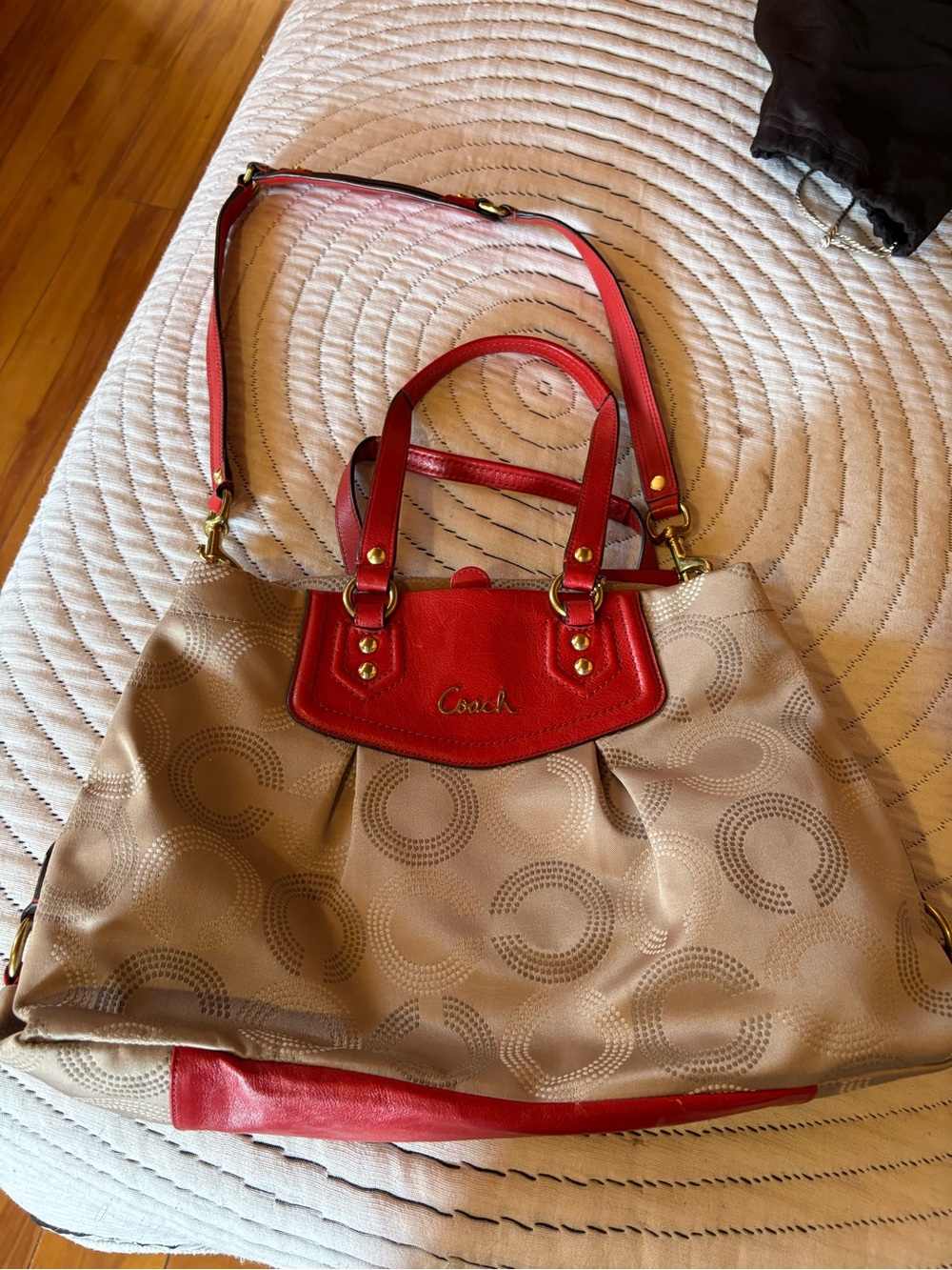 Coach Beige Signature Satchel with Orange Leather Trim